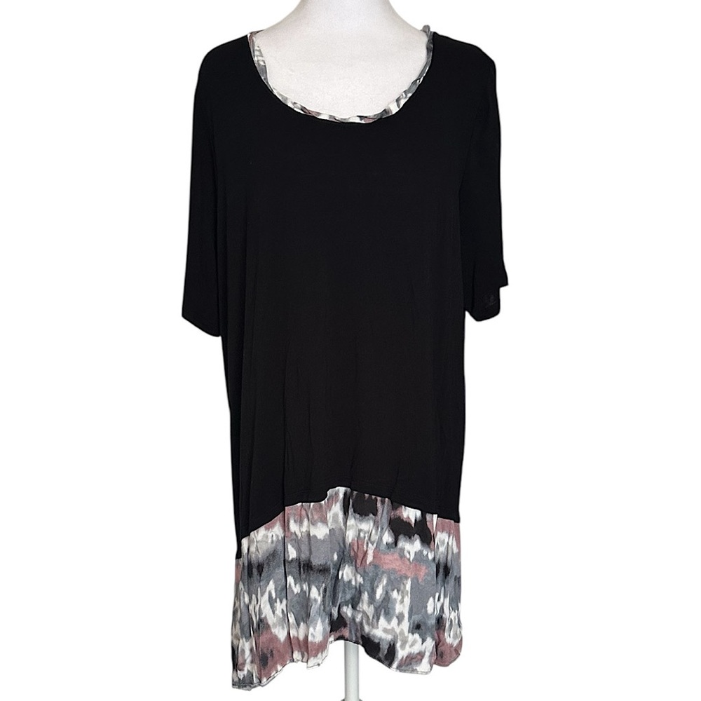 LOGO by Lori Goldstein Women’s Top Knit Tie Dye Hem Black Scoop Neck Size 2XL